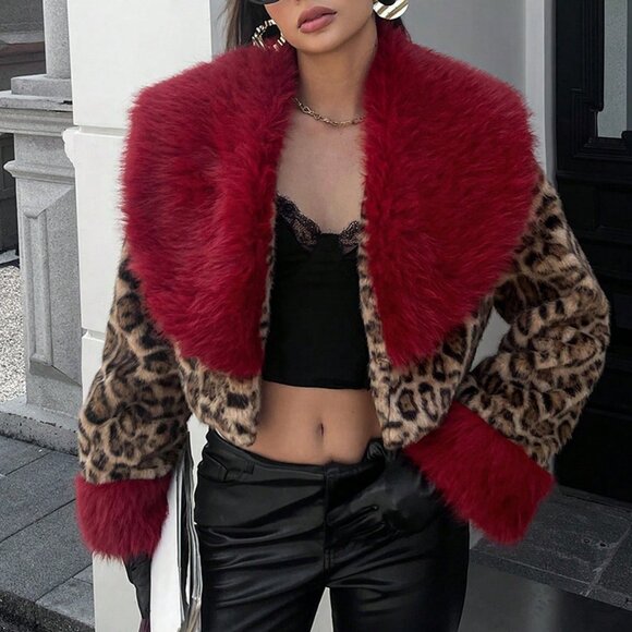 Bold Leopard Print Faux Fur  Coat with Plush red Collar & cuffs  Women's - Picture 3 of 8